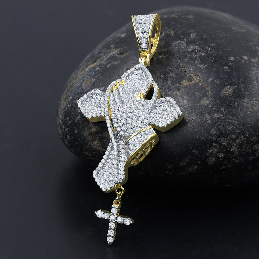 Prayer Hands Cross CZ Iced Out Pendant .925 Sterling Silver HipHopBling