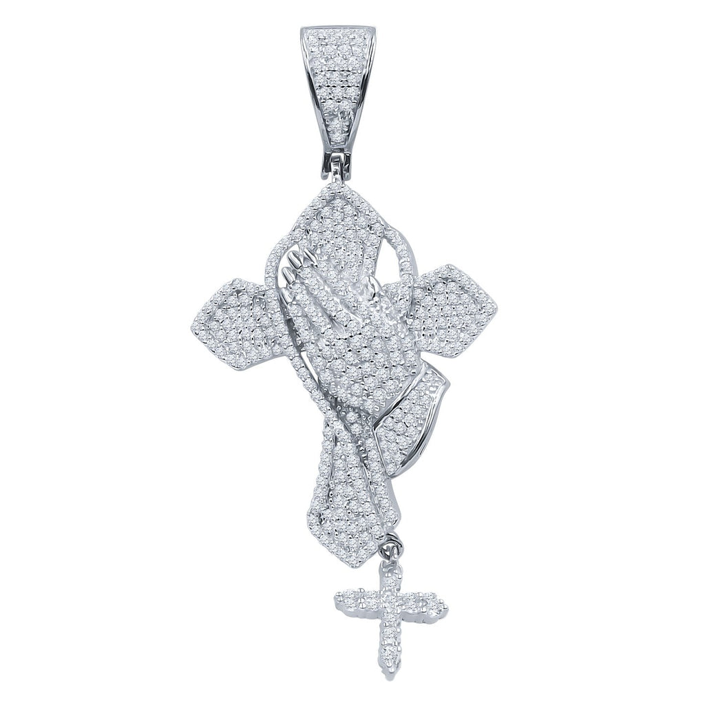 Prayer Hands Cross CZ Iced Out Pendant .925 Sterling Silver HipHopBling