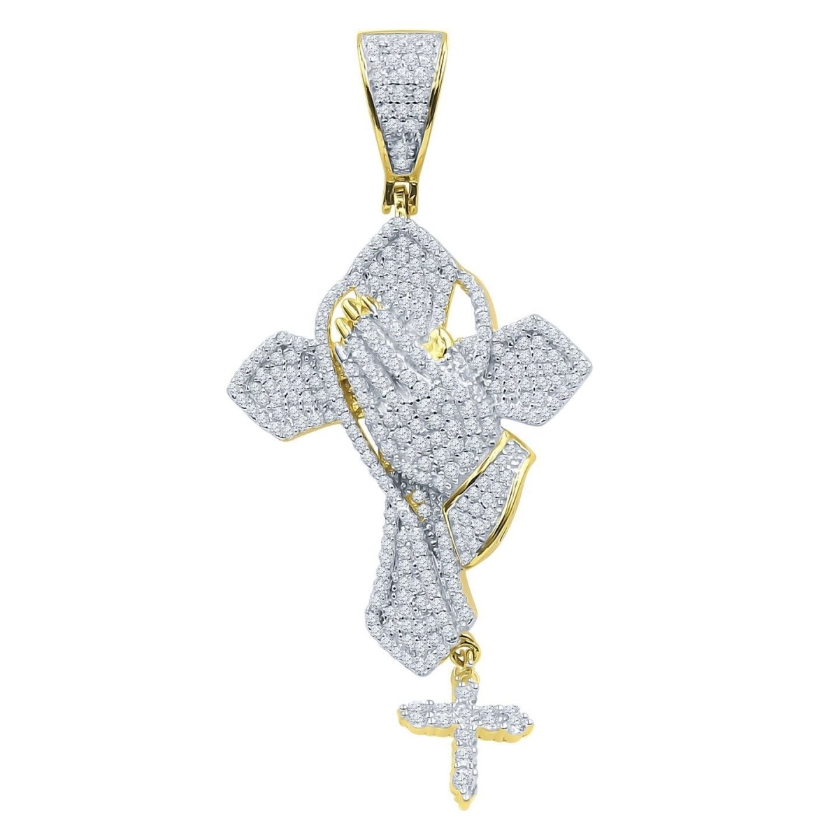Prayer Hands Cross CZ Iced Out Pendant .925 Sterling Silver Yellow Gold HipHopBling