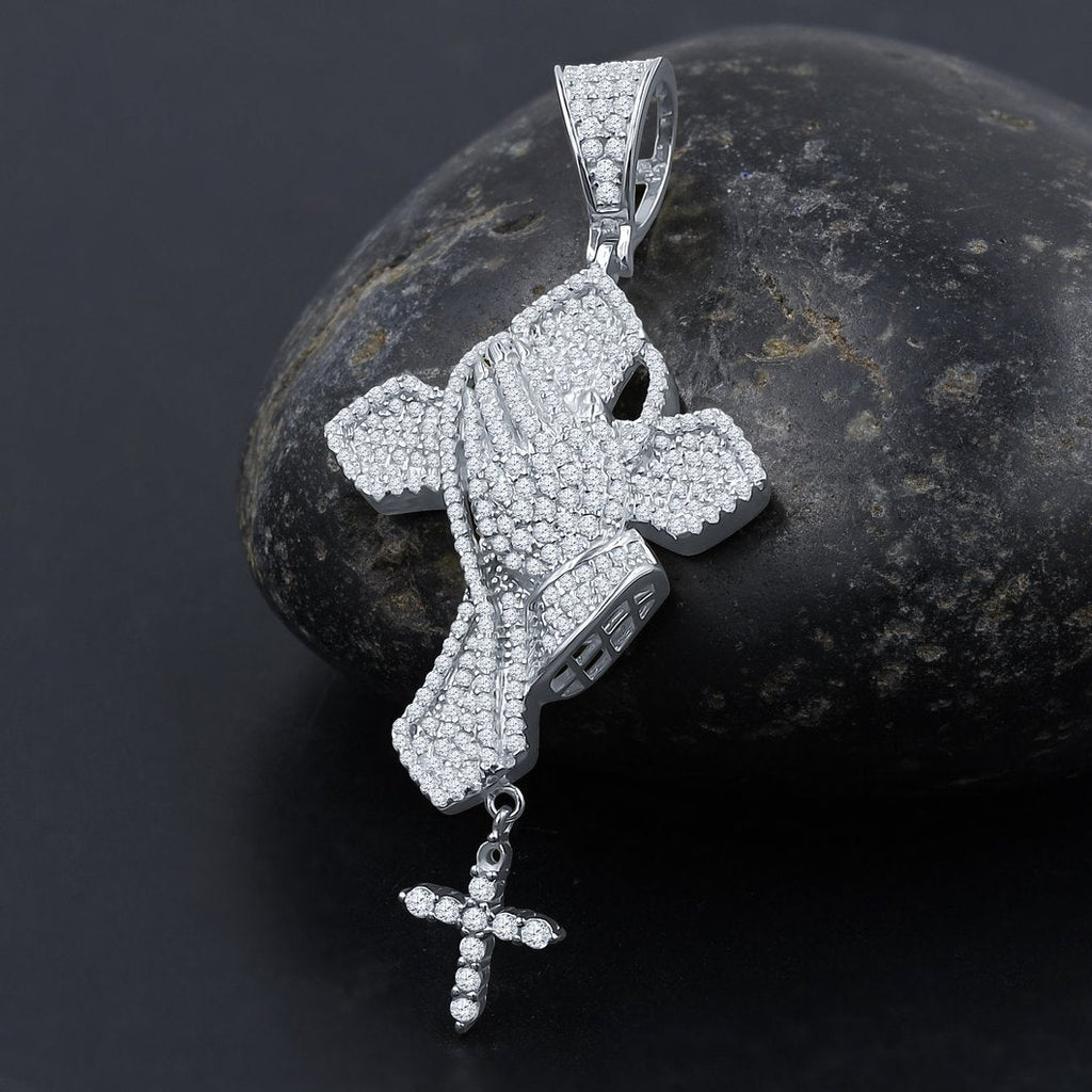 Prayer Hands Cross CZ Iced Out Pendant .925 Sterling Silver Yellow Gold HipHopBling