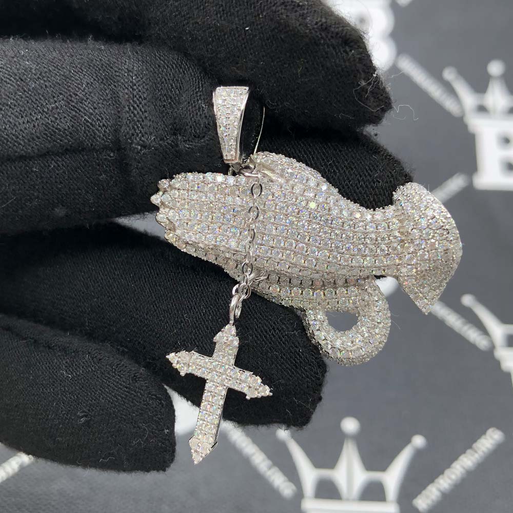 Prayer Hands Cross VVS 3.00cttw Moissanite Pendant .925 Sterling Silver HipHopBling