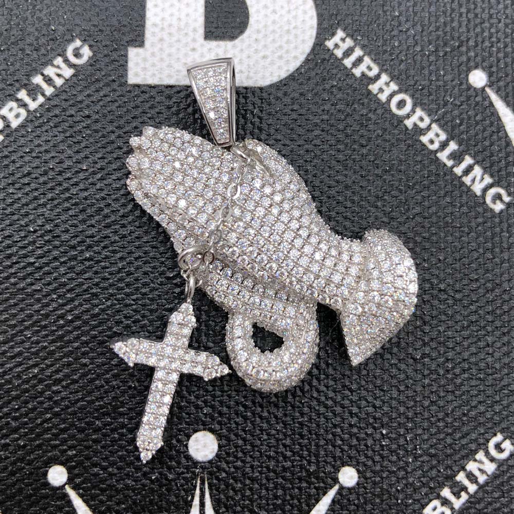 Prayer Hands Cross VVS 3.00cttw Moissanite Pendant .925 Sterling Silver HipHopBling