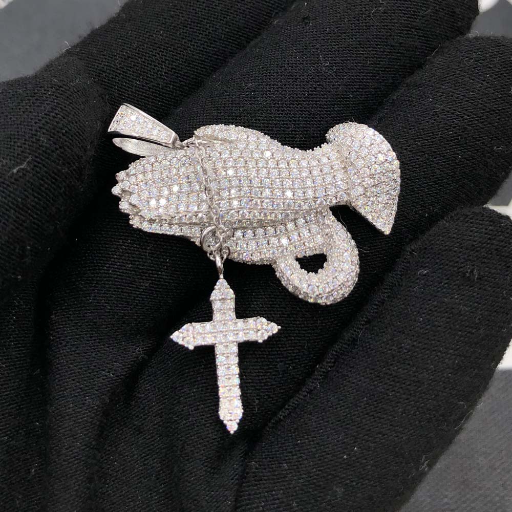Prayer Hands Cross VVS 3.00cttw Moissanite Pendant .925 Sterling Silver HipHopBling