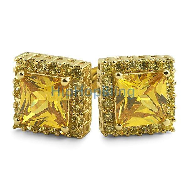 Princess Bling Border CZ Earrings Canary Gold HipHopBling