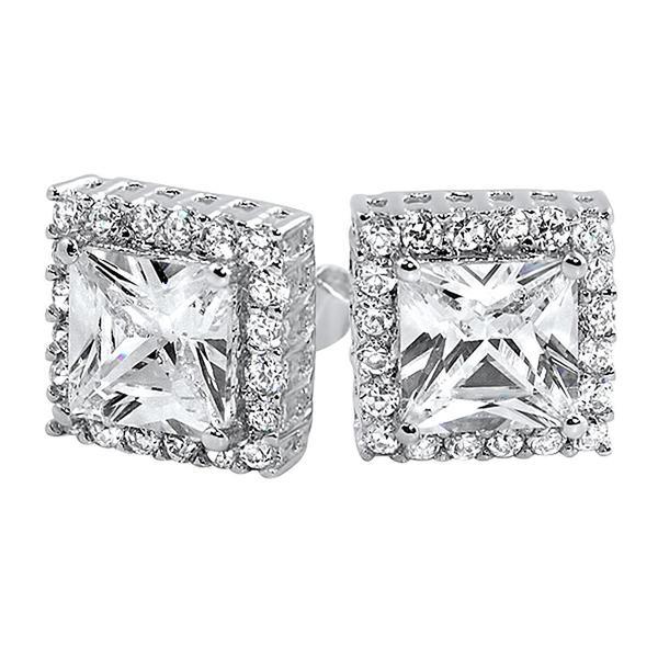 Princess Bling Border CZ Earrings White Gold HipHopBling