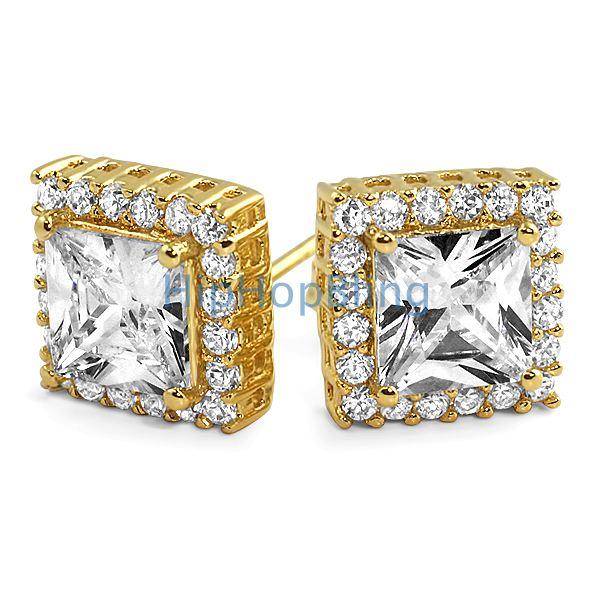 Princess Bling Border CZ Earrings Yellow Gold HipHopBling