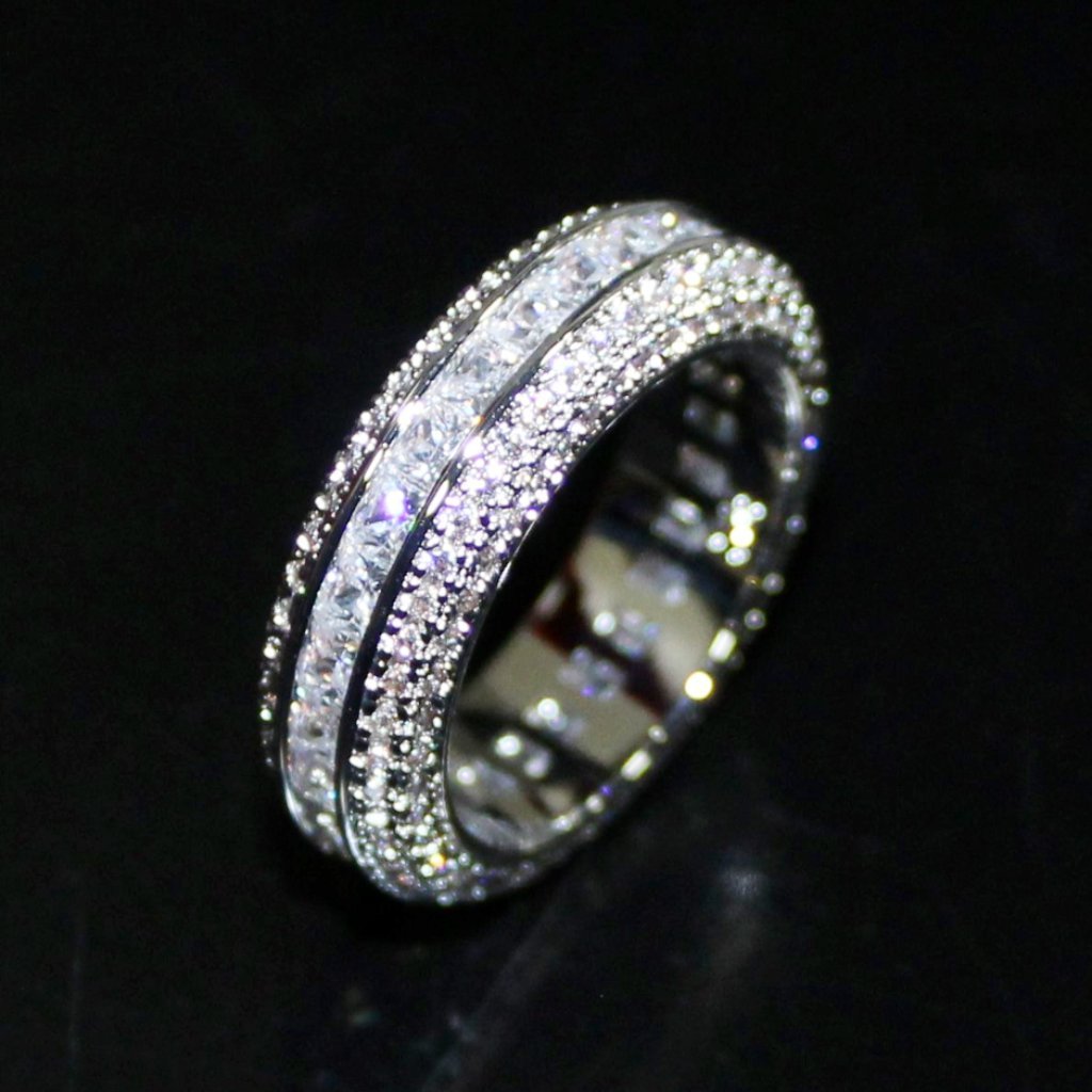 Princess Cut Channel Set Micro Pave Eternity Band Ring in Rhodium 7 HipHopBling