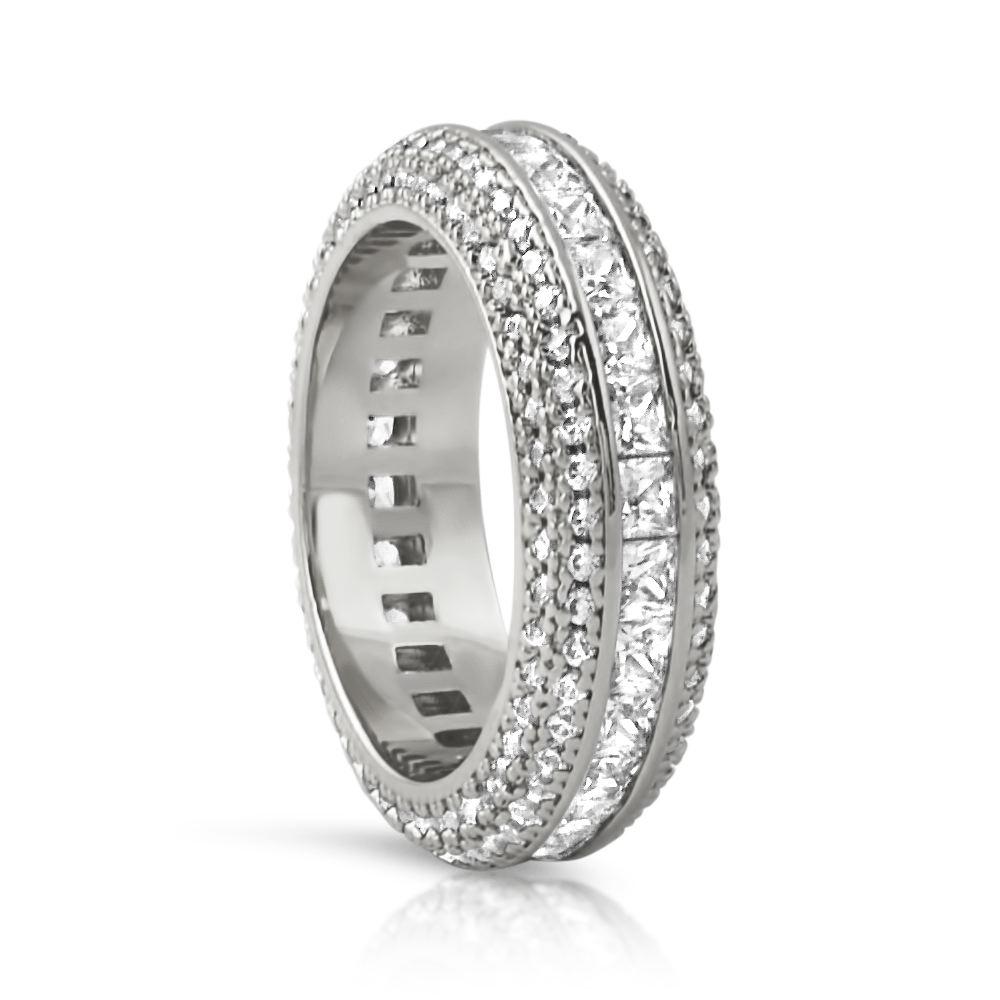 Princess Cut Channel Set Micro Pave Eternity Band Ring in Rhodium HipHopBling