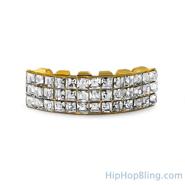 Princess Cut Iced Out Custom Gold Grillz Bottom HipHopBling