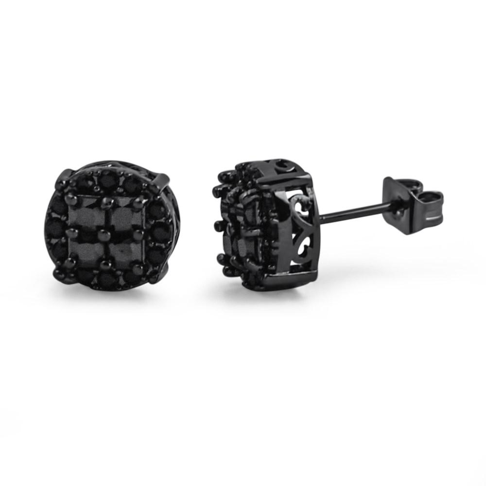 Princess Cut Round Cluster Black CZ Hip Hop Earrings HipHopBling