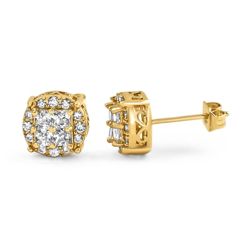 Princess Cut Round Cluster Gold CZ Hip Hop Earrings HipHopBling
