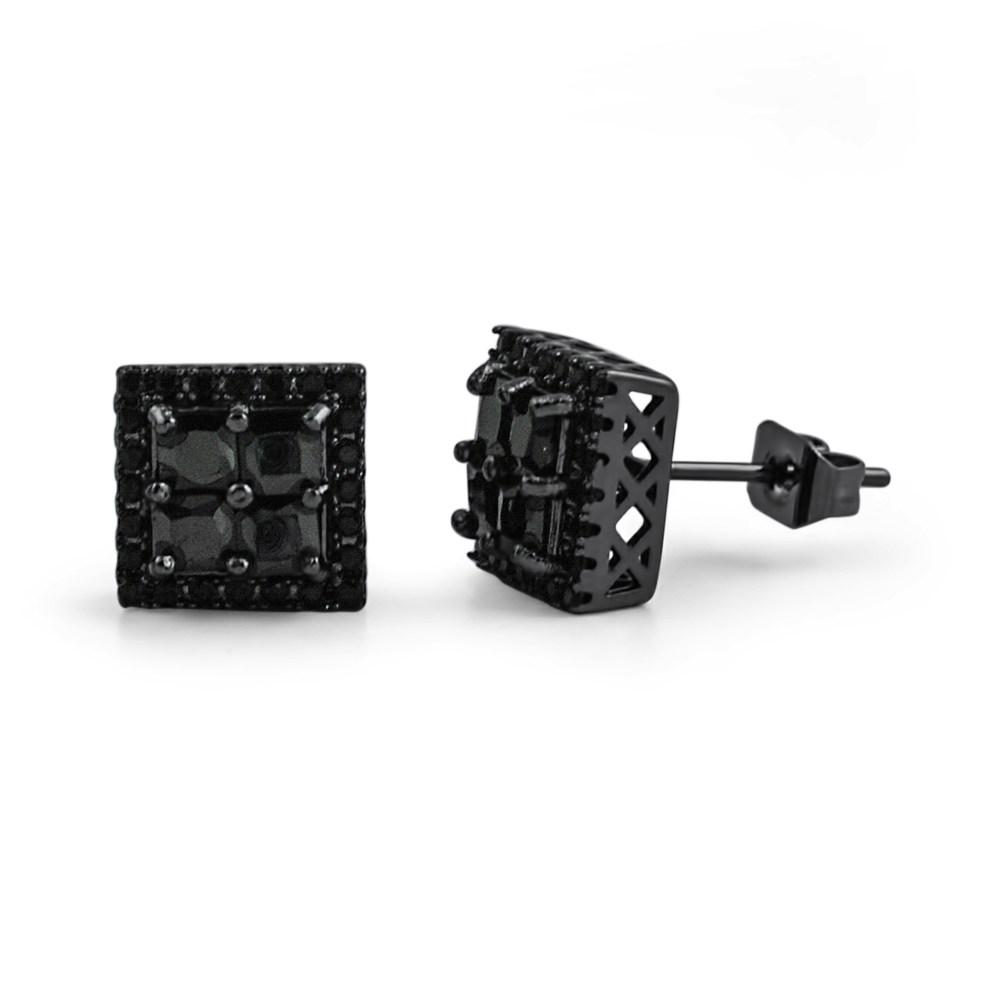 Princess Cut Square Cluster Black CZ Hip Hop Earrings HipHopBling