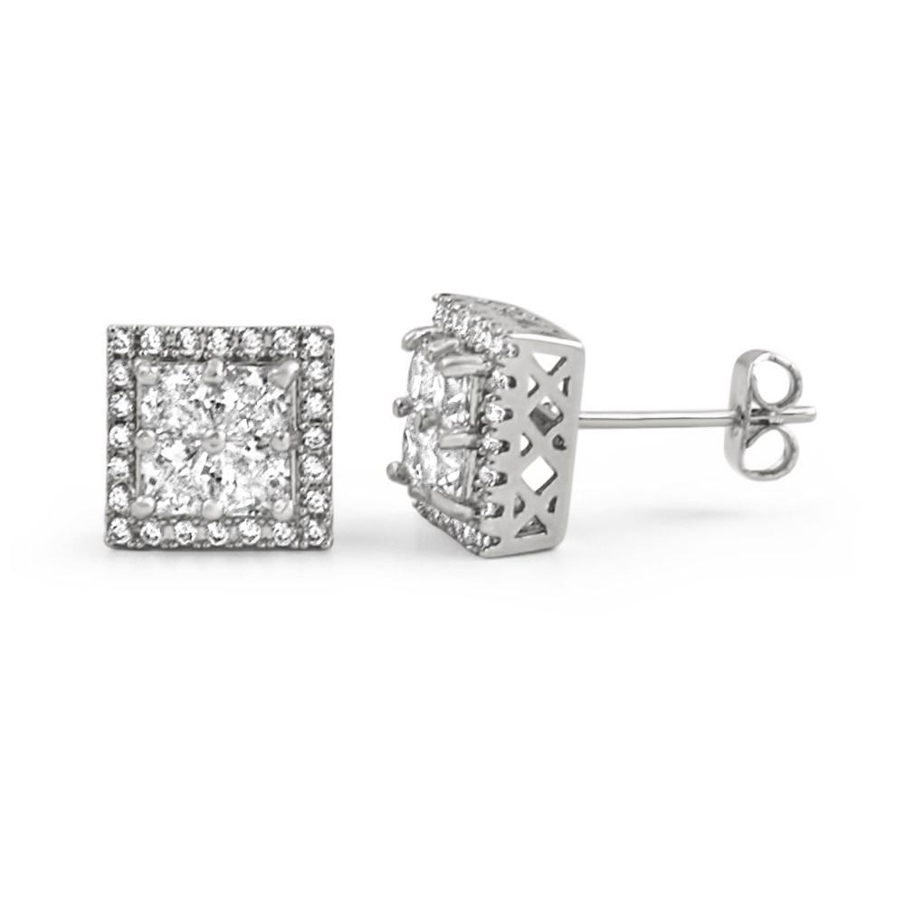 Princess Cut Square Cluster Rhodium CZ Hip Hop Earrings HipHopBling