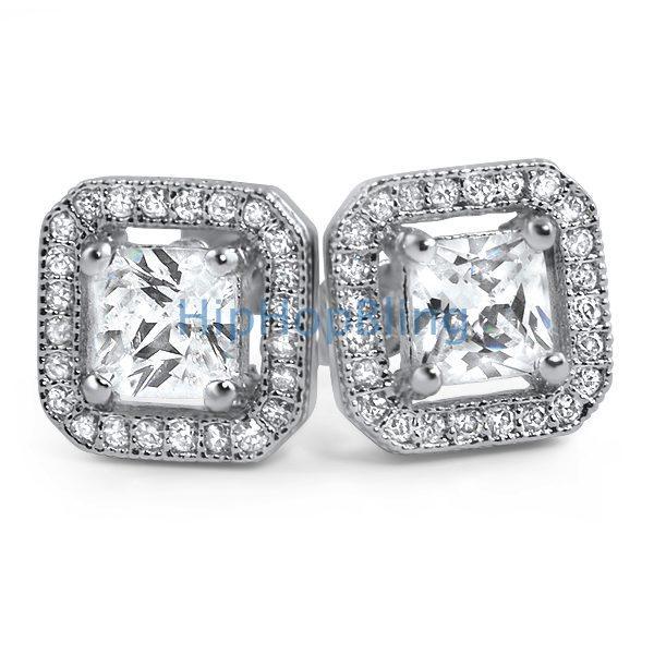 Princess Ice Island Micro Pave Iced Out Earrings White Gold HipHopBling
