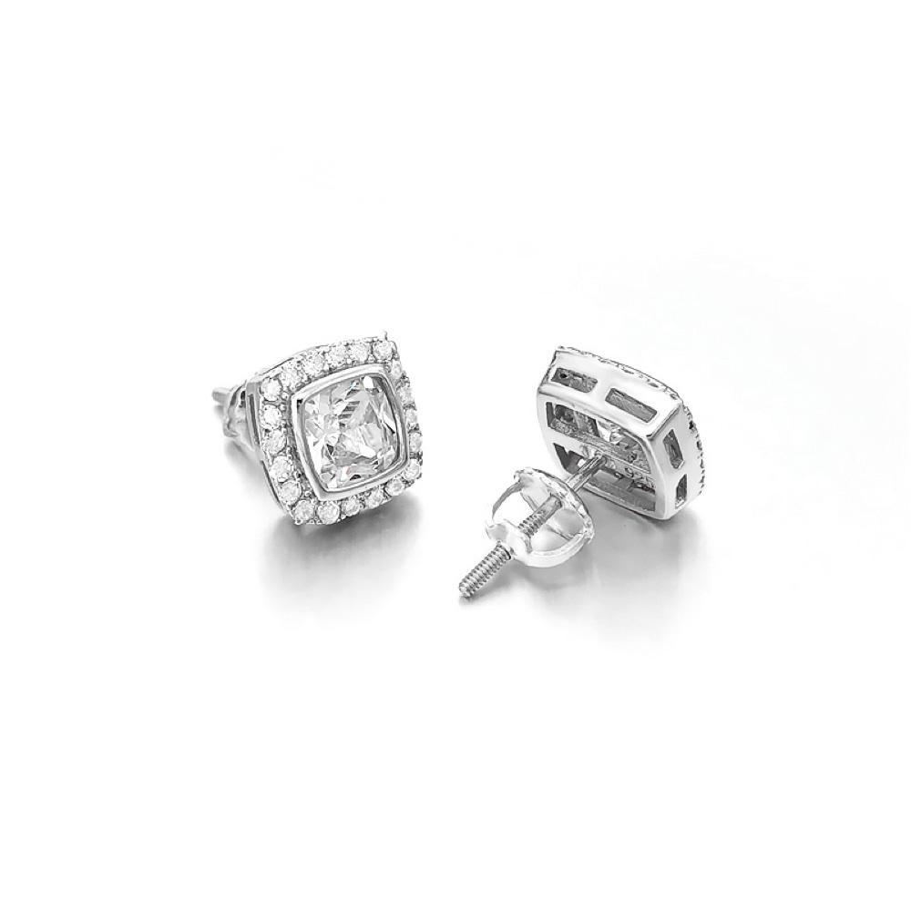 Princess Pave Border CZ Iced Out Earrings .925 Silver White Gold HipHopBling