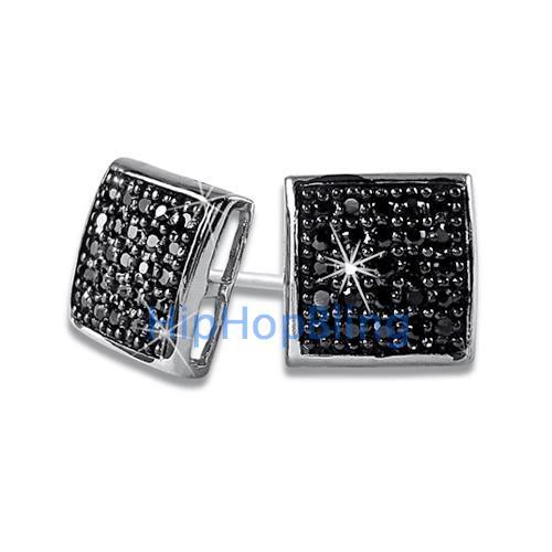 Puffed Box Medium Black CZ Micro Pave Earrings .925 Silver HipHopBling