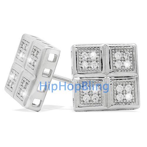 Quattro Box Ultra Micro Pave CZ Earrings .925 Sterling Silver HipHopBling