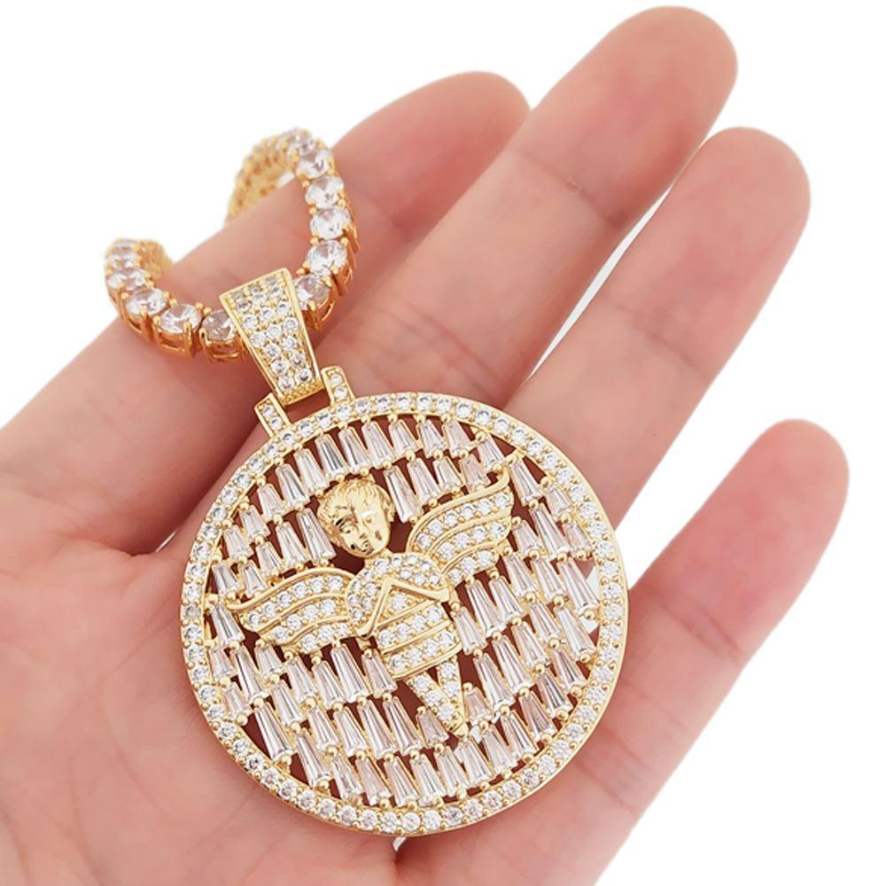 Raining Baguettes Cherub Angel Iced Pendant in White / Yellow Gold Yellow Gold HipHopBling