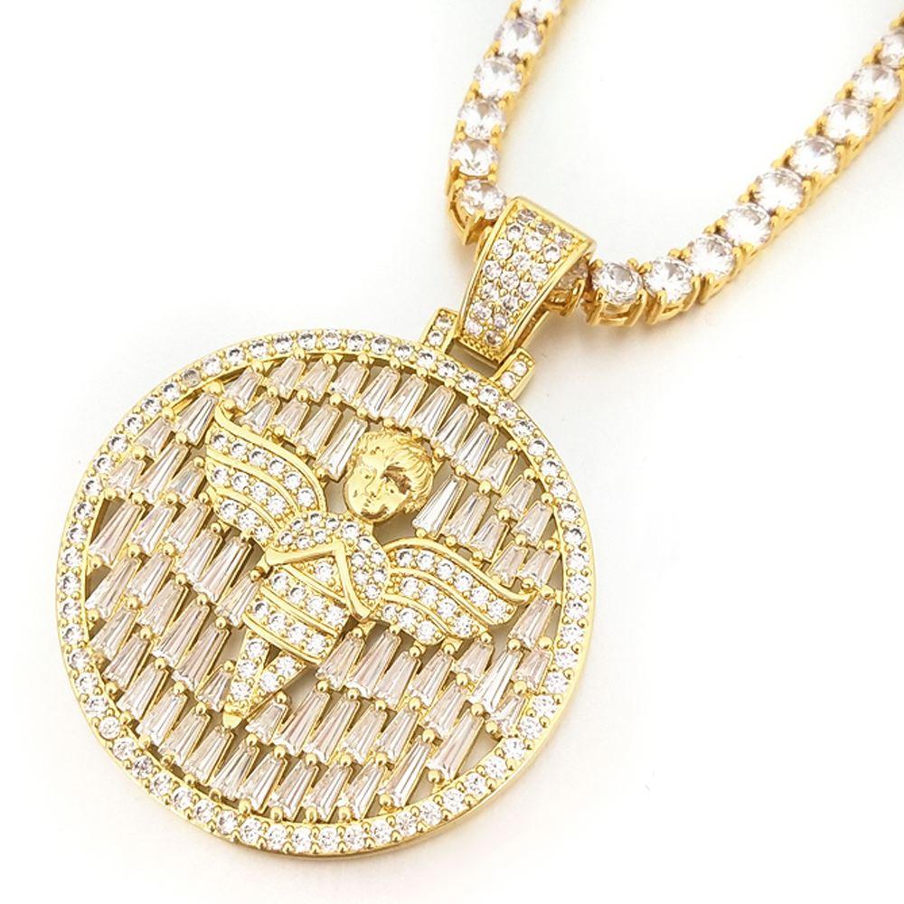 Raining Baguettes Cherub Angel Iced Pendant in White / Yellow Gold Yellow Gold HipHopBling