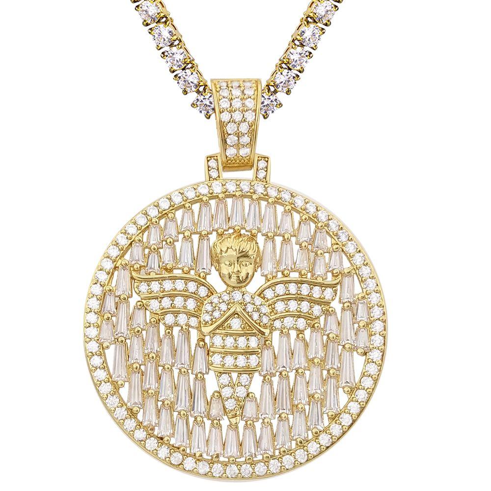Raining Baguettes Cherub Angel Iced Pendant in White / Yellow Gold Yellow Gold HipHopBling