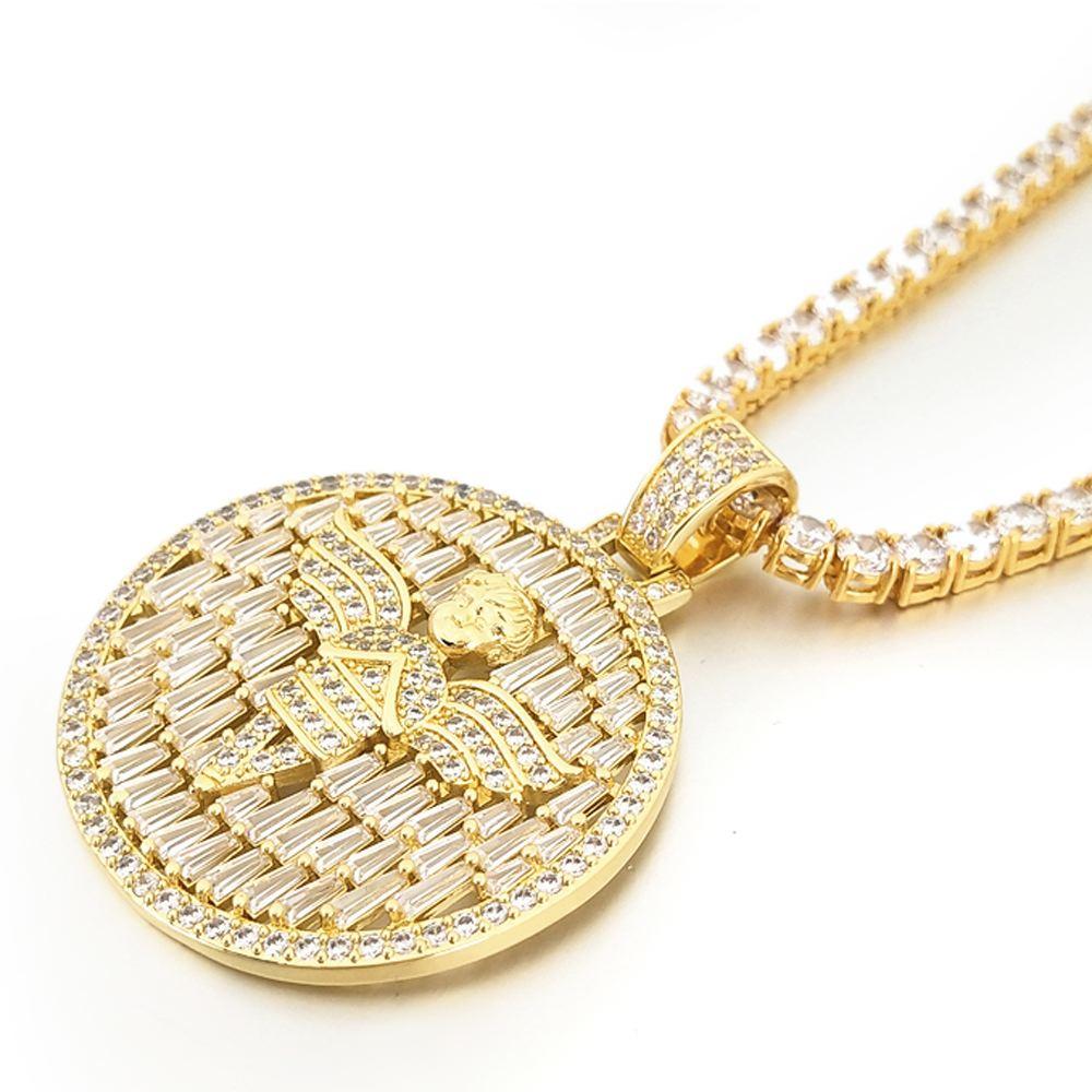 Raining Baguettes Cherub Angel Iced Pendant in White / Yellow Gold Yellow Gold HipHopBling