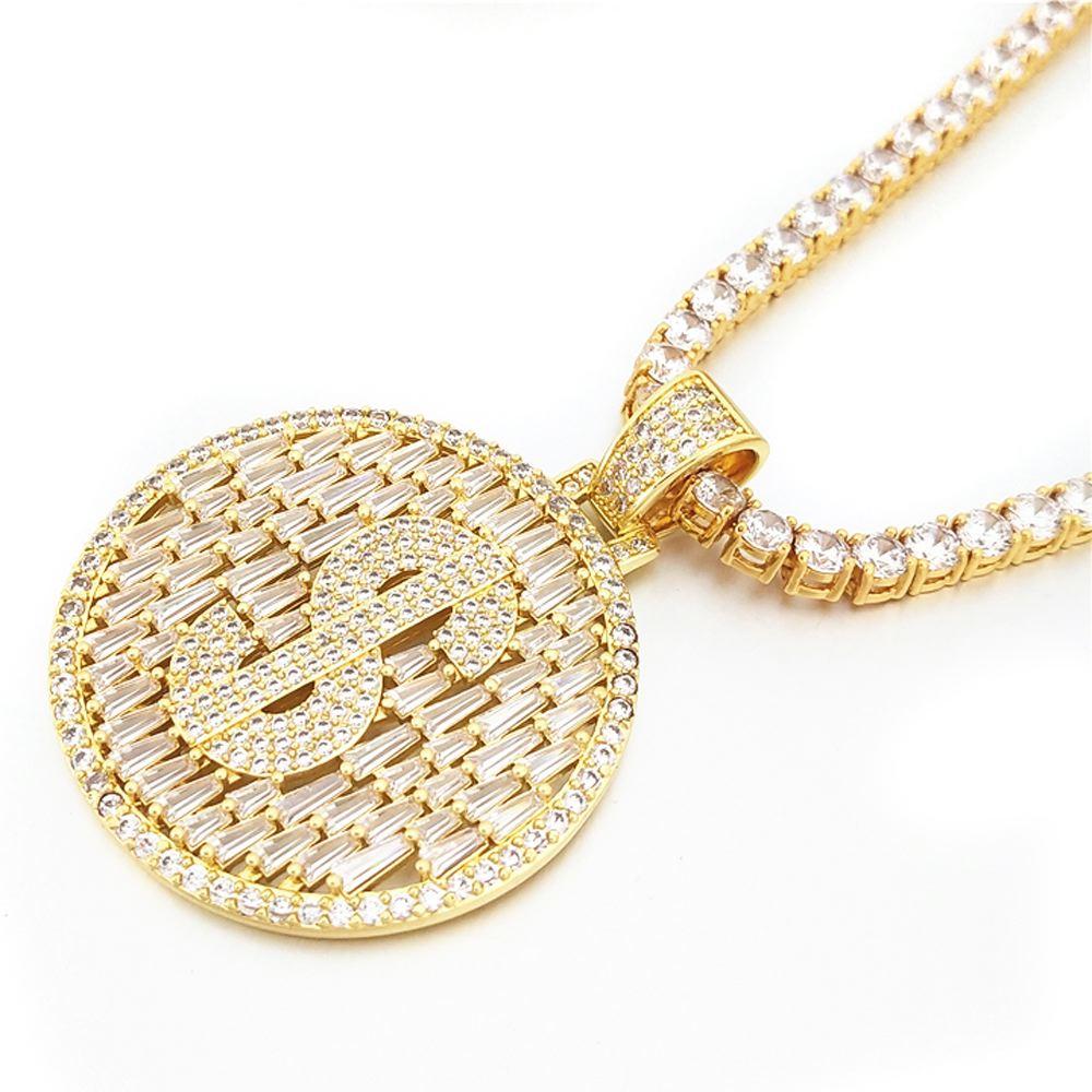 Raining Baguettes Money Sign Iced Out Pendant in White / Yellow Gold HipHopBling