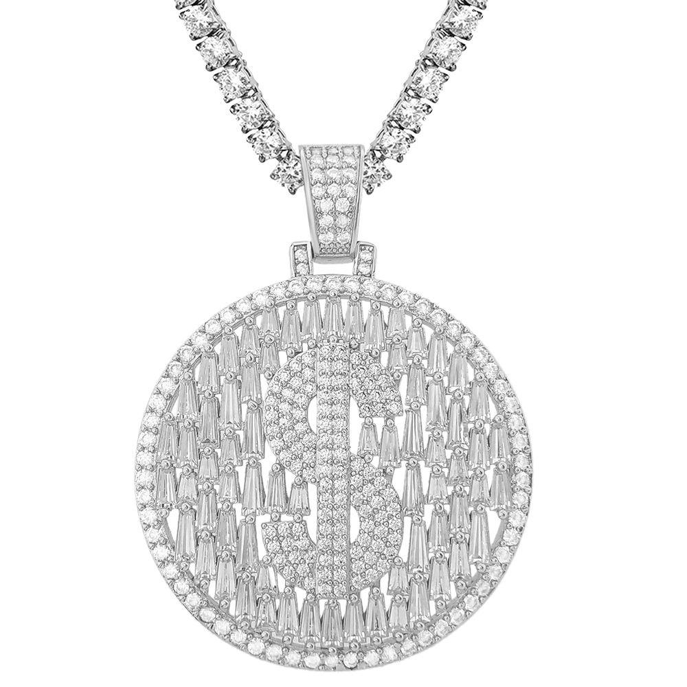 Raining Baguettes Money Sign Iced Out Pendant in White / Yellow Gold HipHopBling