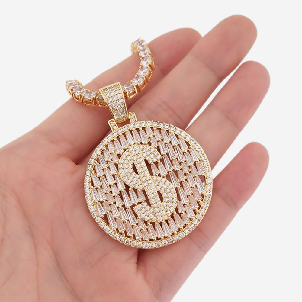 Raining Baguettes Money Sign Iced Out Pendant in White / Yellow Gold Yellow Gold HipHopBling