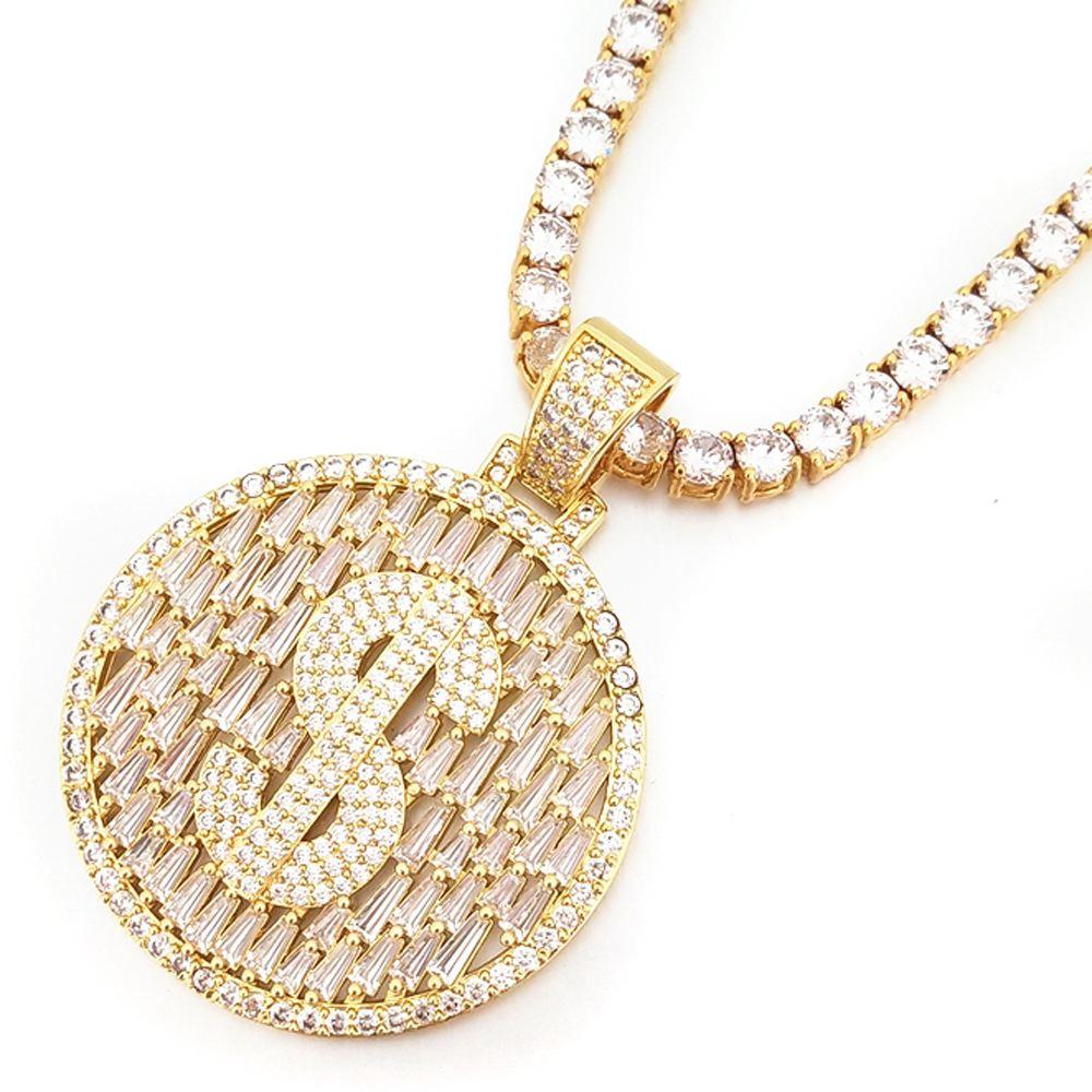 Raining Baguettes Money Sign Iced Out Pendant in White / Yellow Gold Yellow Gold HipHopBling