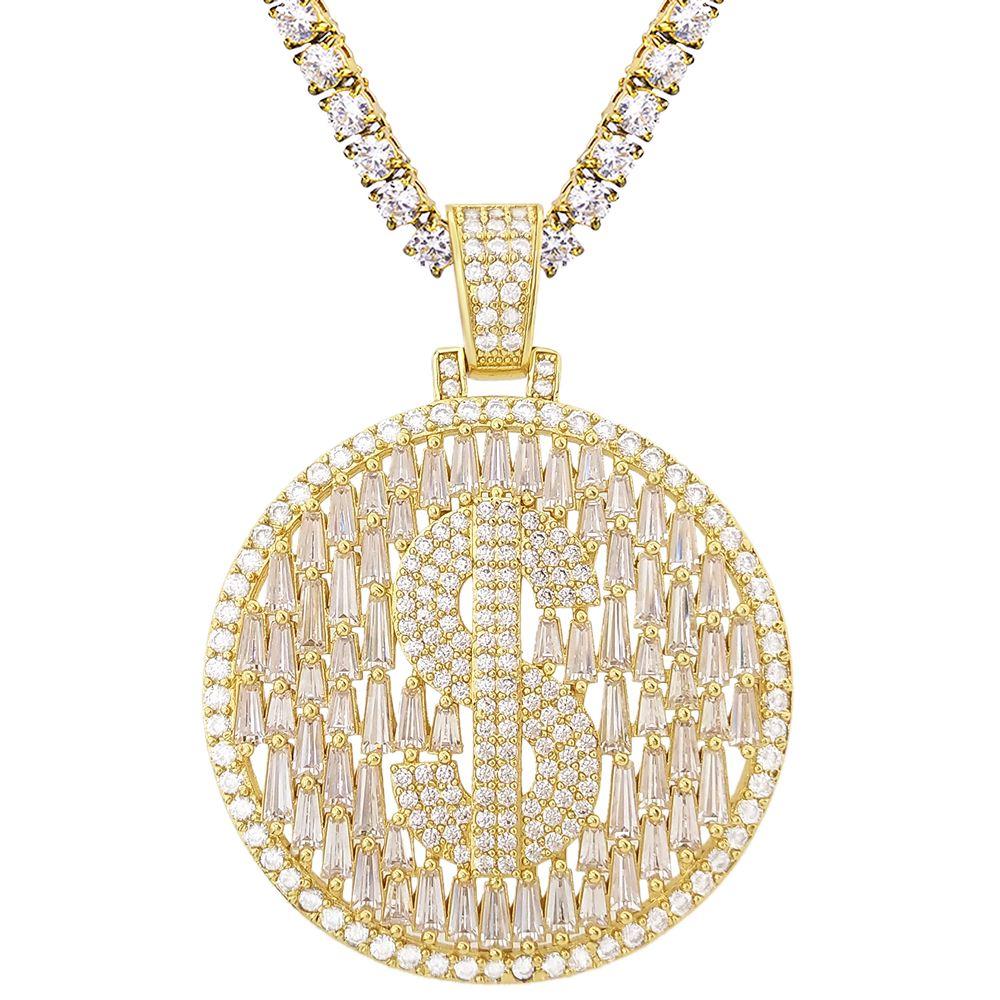 Raining Baguettes Money Sign Iced Out Pendant in White / Yellow Gold Yellow Gold HipHopBling