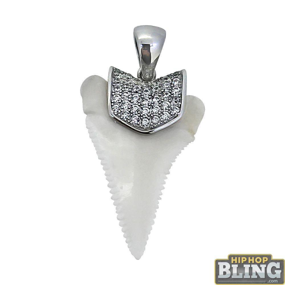 Real Shark Tooth Pendant with CZ Holder .925 Sterling Silver White Gold HipHopBling