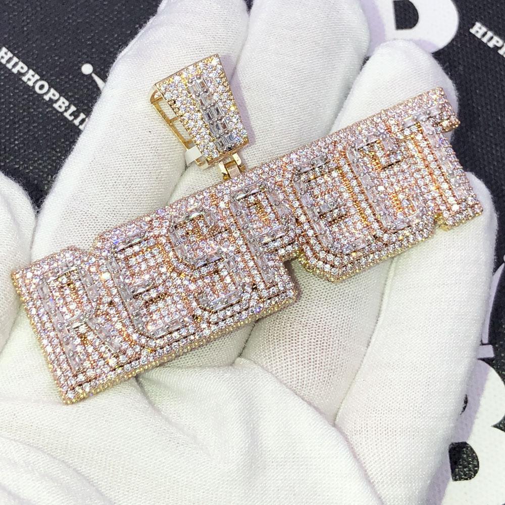 RESPECT Baguette Plaque VVS CZ Hip Hop Iced Out Pendant White Gold HipHopBling