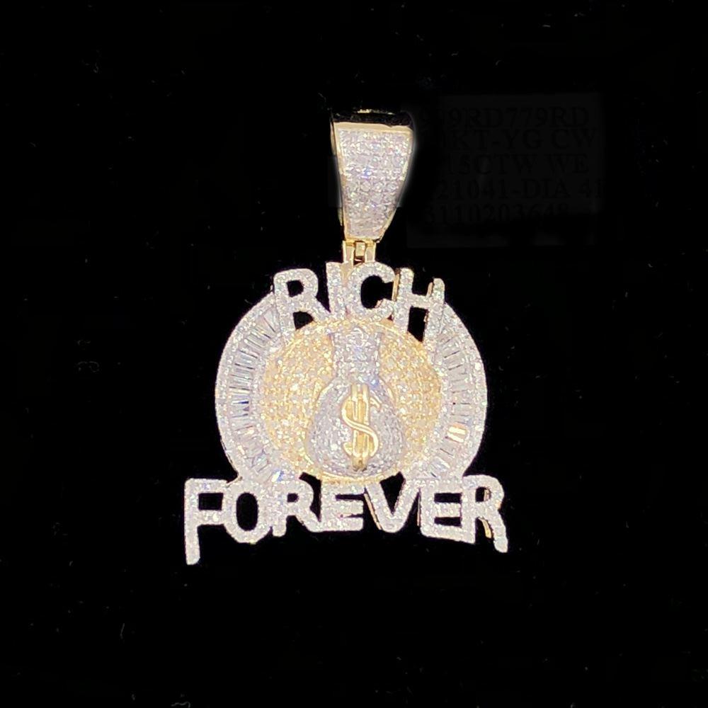 Rich Forever Money Bag Baguette Diamond Pendant 1.15cttw 10K Yellow Gold HipHopBling