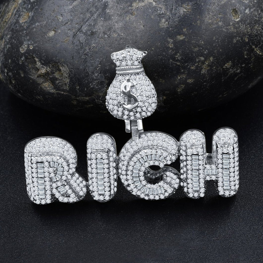 RICH Money Bag CZ Iced Out Pendant .925 Sterling Silver HipHopBling
