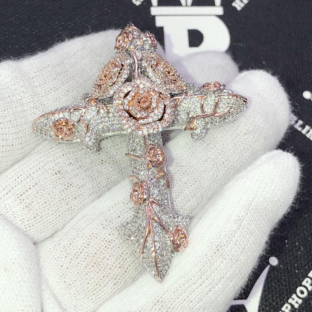 Rose Cross CZ Hip Hop Bling Bling Pendant White Gold HipHopBling