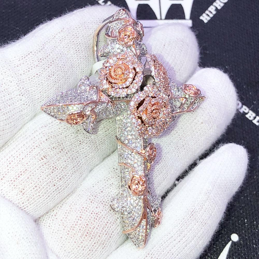 Rose Cross CZ Hip Hop Bling Bling Pendant White Gold HipHopBling