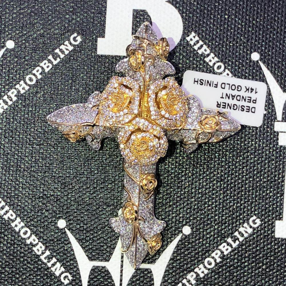 Rose Cross CZ Hip Hop Bling Bling Pendant Yellow Gold HipHopBling