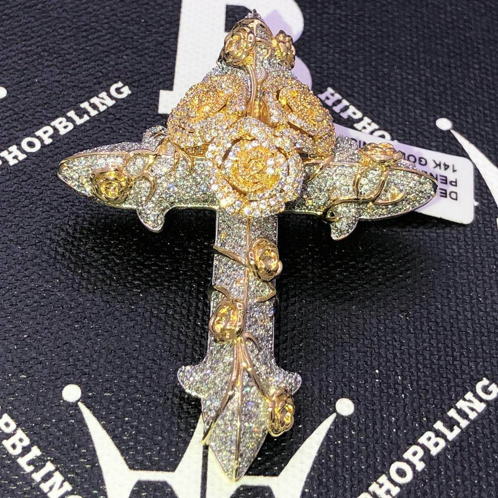 Rose Cross CZ Hip Hop Bling Bling Pendant Yellow Gold HipHopBling