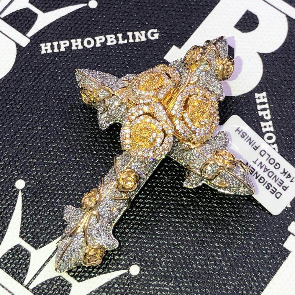 Rose Cross CZ Hip Hop Bling Bling Pendant Yellow Gold HipHopBling