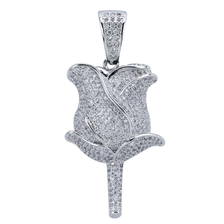 Rose Flower Iced Out Hip Hop Bling Pendant White Gold HipHopBling