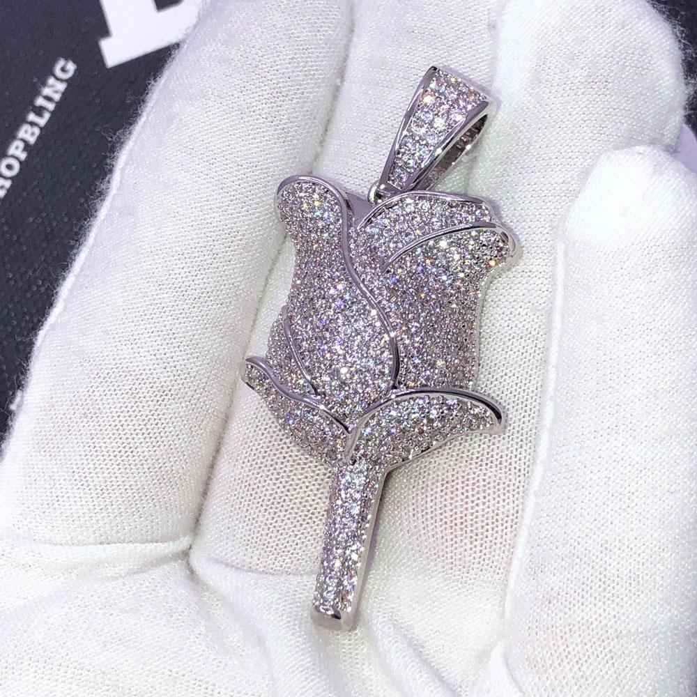 Rose Flower Iced Out Hip Hop Bling Pendant White Gold HipHopBling