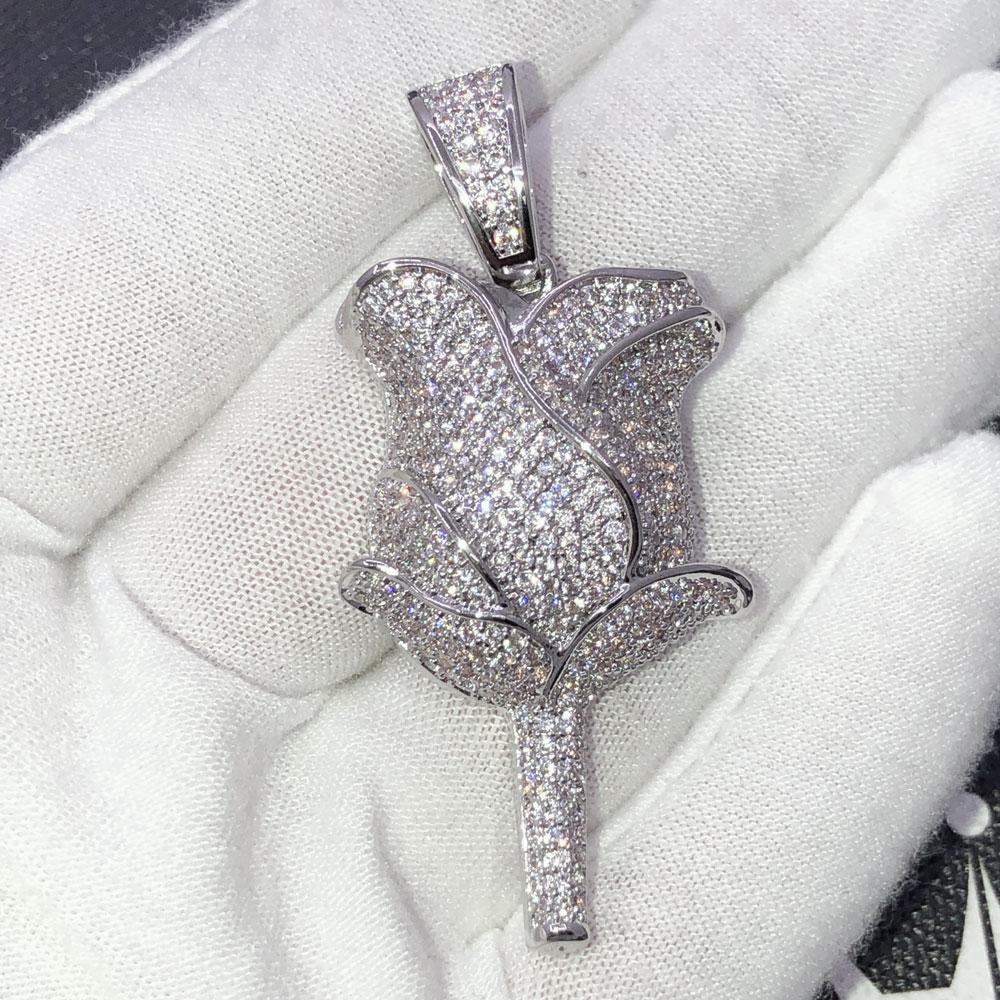 Rose Flower Iced Out Hip Hop Bling Pendant White Gold HipHopBling