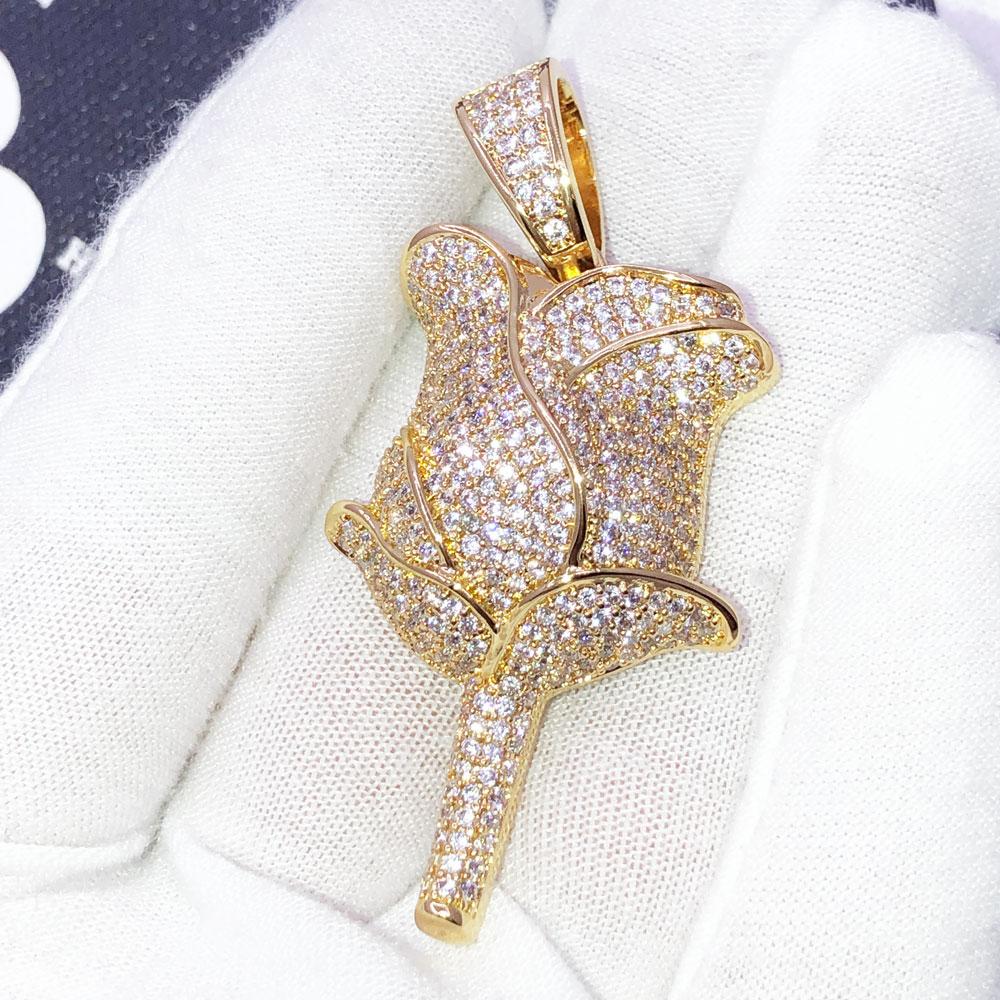 Rose Flower Iced Out Hip Hop Bling Pendant Yellow Gold HipHopBling
