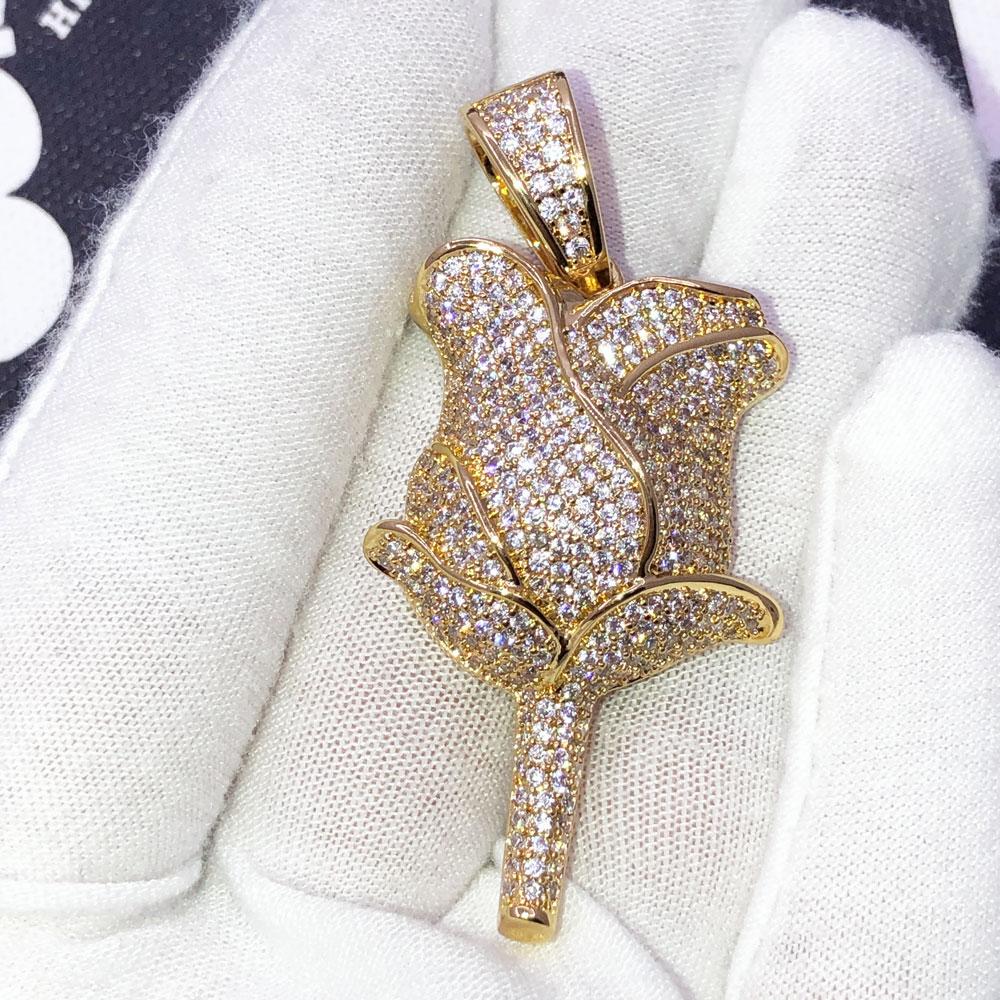Rose Flower Iced Out Hip Hop Bling Pendant Yellow Gold HipHopBling