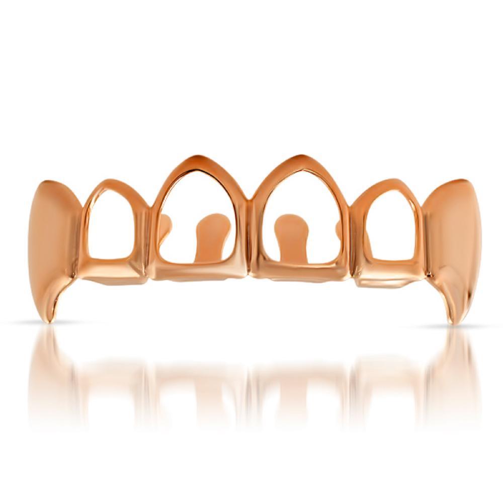 Rose Gold Fang Grillz with 4 Open Teeth Top HipHopBling