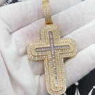 Rounded Layered Cross Baguette CZ Hip Hop Bling Pendant Yellow Gold HipHopBling