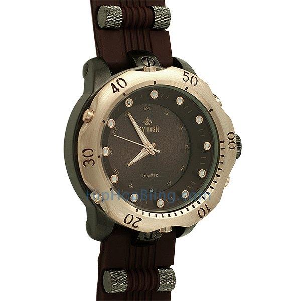 Rubber Fashion Mens Watch Gold/Black Brown Band HipHopBling