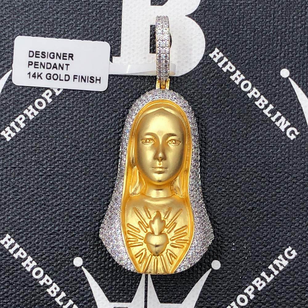 Sacred Heart of Mary CZ Hip Hop Bling Bling Pendant Yellow Gold HipHopBling