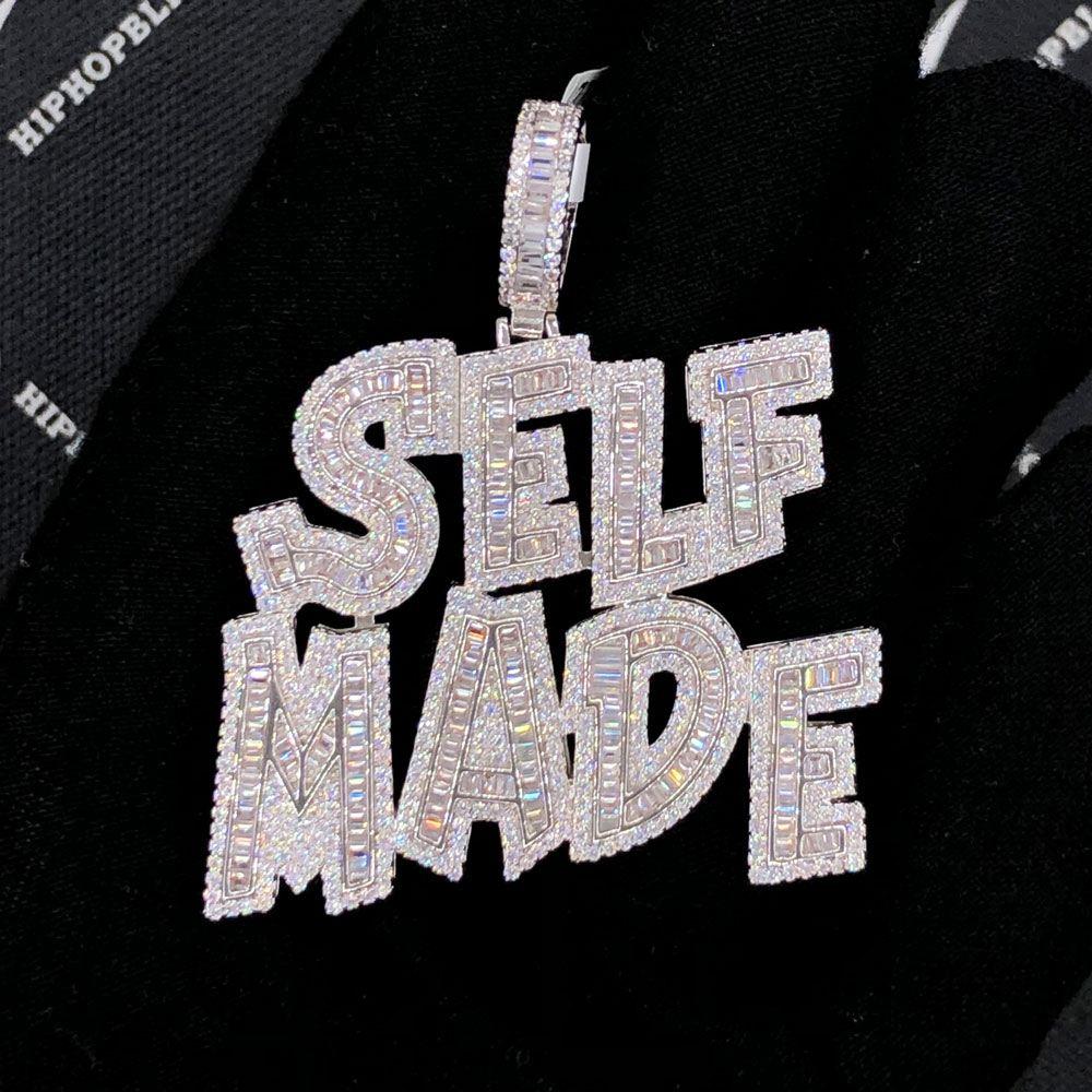 SELF MADE Baguette VVS CZ Hip Hop Bling Pendant White Gold HipHopBling