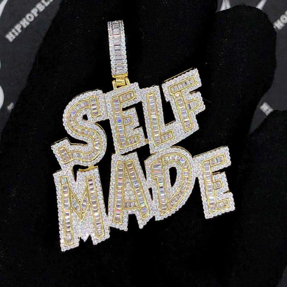 SELF MADE Baguette VVS CZ Hip Hop Bling Pendant Yellow Gold HipHopBling